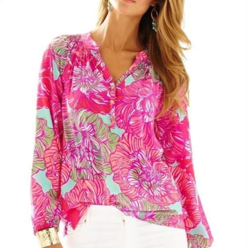 Lilly Pulitzer Elsa Worth It Silk Blouse Pink Purple Green Aqua XS
